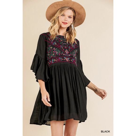 Umgee Embroidered Dress XL Floral Bell Sleeve Mini Boho Babydoll Black NWT - Picture 1 of 9